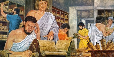 Académicos a trabalhar na famosa biblioteca de Alexandria de Richard Hook