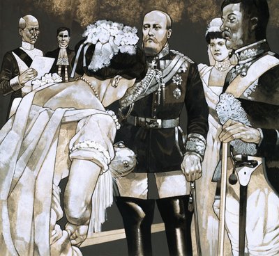 Rodeada de funcionários da corte de cetim, a jovem debutante fez a sua profunda vénia a Suas Majestades de Richard Hook