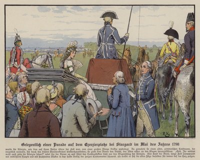 Rainha Luísa da Prússia num desfile no desfile em Stargard, Maio de 1798 (cor litho) de Richard Knotel