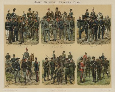 Riflemen, pioneiros e tropas de abastecimento dos exércitos europeus (cor litho) de Richard Knotel