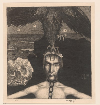 Homem acorrentado com ave de rapina de três cabeças na cabeça Anangke (Destino) (título original) de Richard Nicolaüs Roland Holst (signed by artist)