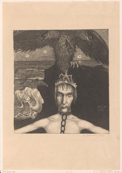 Homem acorrentado com ave de rapina de três cabeças na cabeça Anangke (Destino) (título original) de Richard Nicolaüs Roland Holst