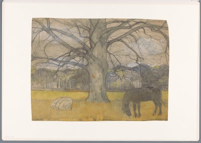 Faia careca num prado com ovelhas e um cavalo de Richard Nicolaüs Roland Holst