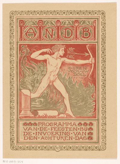 Design de capa para: Programa do Partido do Sindicato Geral dos Trabalhadores de Diamantes da Holanda sobre a introdução da jornada de oito horas Programa das comemorações da introdução do dia das oito horas (título no objeto) de Richard Nicolaüs Roland Holst