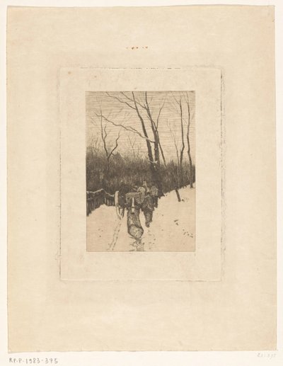 Cavalos arrastando um tronco em um caminho de floresta nevada de Richard Nicolaüs Roland Holst