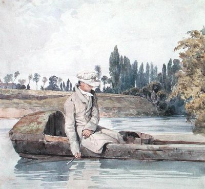 A Man Fishing from a Boat on a River (aguarela sobre papel) de Richard Parkes Bonington