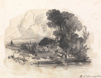 Árvores e uma casa de campo junto a um rio de Richard Parkes Bonington