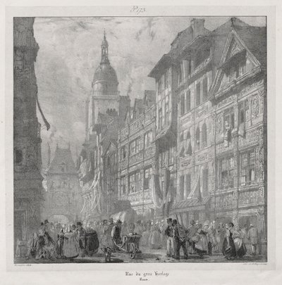 Viagens cênicas e românticas na França antiga, Normandia: Rue du Gros Horloge, Rouen de Richard Parkes Bonington