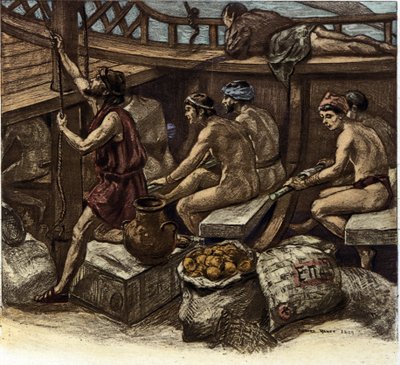 A vida dos galerianos a bordo de uma galé grega em Antiquite. Ilustração de Richard Ranft (1862-1931) 1909 de Richard Ranft