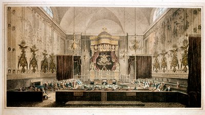 Vista da Câmara dos Lordes, Câmara Alta do Parlamento da Grã-Bretanha. Gravura de Rothwell. Galeria Parker do século XIX, Londres de Richard Rothwell