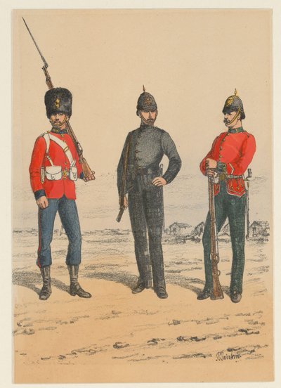 Três soldados britânicos
Nove representações de fardas militares britânicas (título da série) de Richard Simkin