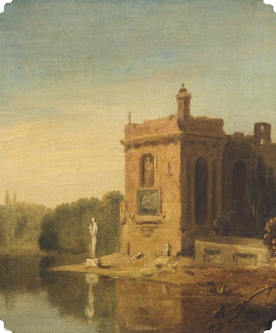 Um lago com um Pavilhão e uma Estátua, Itália (óleo sobre tela) de Richard Wilson