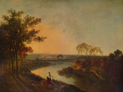 Um rio inglês ao pôr do sol, ao longe as colinas galesas, c1760, 1938 de Richard Wilson
