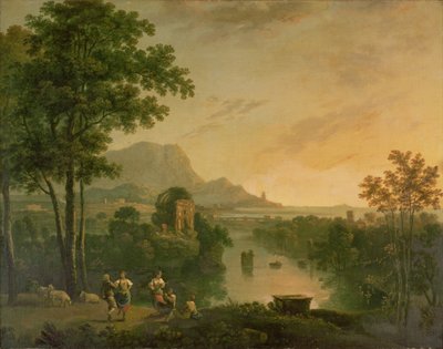Paisagem costeira à noite com pastores e pastoras a dançar de Richard Wilson
