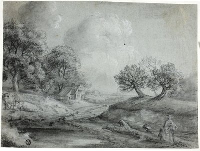 Paisagem com Mulher e Vacas (giz negro com cepa, elevado com giz branco, sobre papel de colagem azul) de Richard Wilson