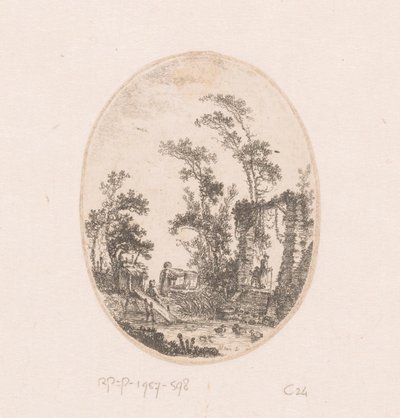 Lago de pato com algumas árvores à sua volta
Colecção de vistas, paisagens, fragmentos antigos e temas históricos (título da série)
Recueil de griffonis, de vues, paysages, fragments antiques et sujets historiques (título da série) de Richard de Saint Non