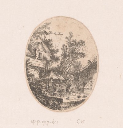 Vista de um rio onde as mulheres lavam a roupa Coleção de vistas, paisagens, fragmentos antigos e temas históricos (título da série) Recueil de griffonis, de vues, paysages, fragments antiques et sujets historiques (título da série) de Richard de Saint Non
