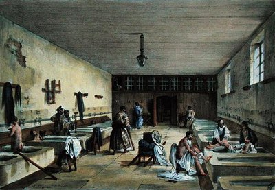 Os Banhos dos Oficiais no Hospital Militar de Bourbonne les Bains, meados do século XIX (gravura colorida) de Richoux (after)