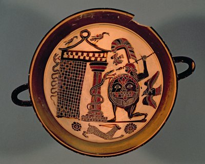 Taça de figuras negras de Lacônia representando um guerreiro atacando uma cobra, século 6 aC (cerâmica) de Rider Painter