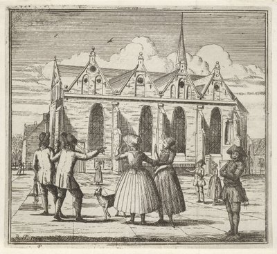 Homens e mulheres em uma praça perto do Grote Kerk em Leeuwarden O inverno. (título da série) Cenas de inverno (título da série) de Rienk Jelgerhuis