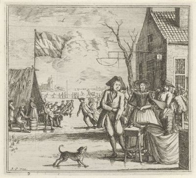 Paisagem de inverno com pousada e patinadores O inverno. (título da série) Cenas de inverno (título da série) de Rienk Jelgerhuis