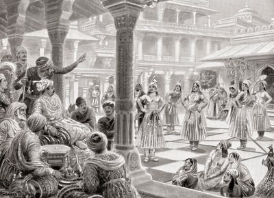 Akbar jogando pachisi ou chaupur com peças ao vivo no Fatehpur Sikri em 1575, de Hutchinson
