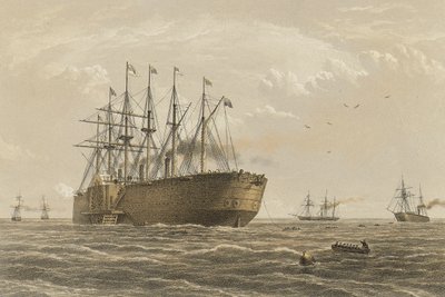 O "Great Eastern" sob pressão a 23 de julho (os navios de escolta e outros navios introduzidos são o Terrible, o Sphinx, o Hawk e o Caroline) de Robert (after) Dudley