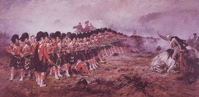 A Linha Vermelha Fina, os 93º Highlanders permanecem firmes diante de uma carga russa na batalha de Balaklava, em 1854. de Robert (after) Gibb