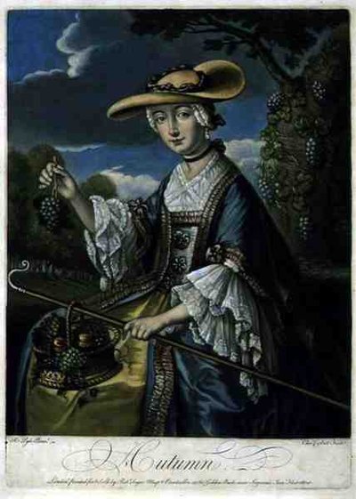 Outono, gravada por C. Corbutt (Richard Purcell) (fl.1746-66), pub. por Robert Sayer, c.1760 (gravura mezzotint) (ver também 125559-61) de Robert (after) Pyle