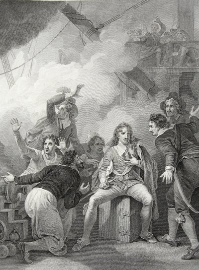 Earl Sandwich recusando-se a deixar seu navio em chamas, na Batalha de Sole Bay, gravada por W. Byrne, ilustração de 