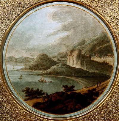 Castelo sobre uma baía marítima com navios, c.1775 (caneta e tinta com aguarela sobre papel) de Robert (attr. to) Adam