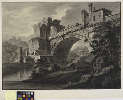 Fantasia arquitetônica com uma ponte antiga sobre um rio e um moinho de água em primeiro plano de Robert Adam