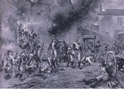 A defesa de Hougoumont 18 de junho de 1815, ilustração das batalhas britânicas na terra e no mar, 1915 de Robert Alexander Hillingford