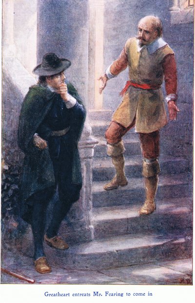 Great Heart pede ao Sr. Temendo para entrar, de The Pilgrims Progress publicado por John F Shaw & Co, c.1900