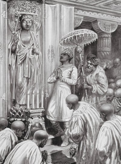 Kanishka inaugura o Budismo Mahayana (do Norte), 100 d.C. (litografia) de Robert Ambrose Dudley