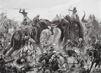 Derrota de Pulikesin II Chalukhya por Mahamalla Pallava em Badami, 642 d.C. (litografia) de Robert Ambrose Dudley