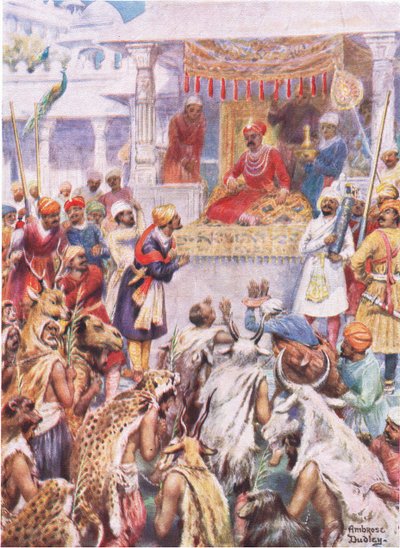 O Khan Jahan mostra a Akbar seus prisioneiros principescos (lito colorido) de Robert Ambrose Dudley