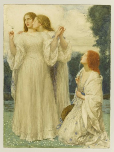 O oráculo: três jovens mulheres em um parque, 1897. de Robert Anning Bell