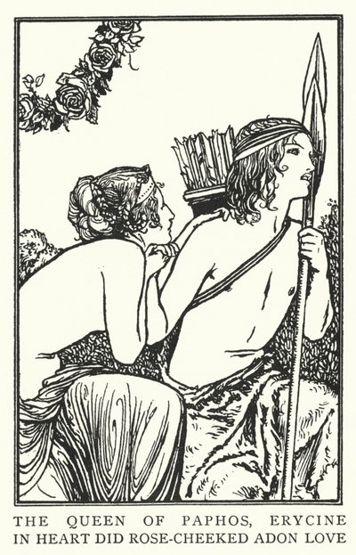 A Rainha de Pafos, Erycine, de coração fez o amor de Adon de rosto rosado (litho) de Robert Anning Bell