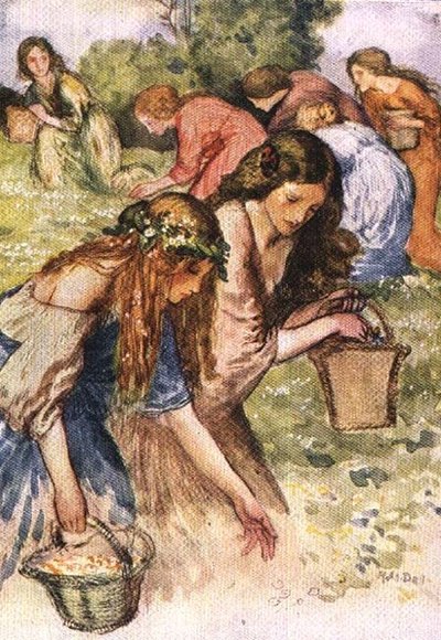 Há um prado à beira do rio, um bando de ninfas que dancei à espionagem, do Golden Treasury do Palgrave, publicado em 1907 (cor litho) de Robert Anning Bell