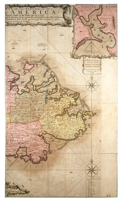 Um mapa novo e exato da ilha de Antígua na América, de acordo com um levantamento feito nos anos 1746-1748, c.1749 (gravura a cores) de Robert Baker