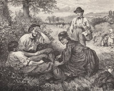 Trabalhadores agrícolas a descansar durante a colheita (gravura) de Robert Barnes