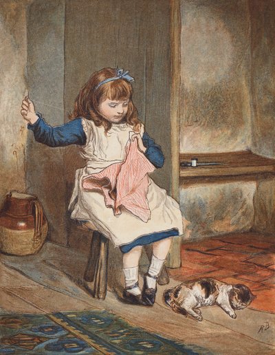 Rapariga a coser com gato a seus pés (litografia a cores) de Robert Barnes