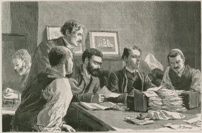 A grande greve dos trabalhadores das docas no East End: o comitê de finanças emitindo multas nos Wade Arms, Jeremiah Street, Poplar, a sede dos grevistas de Robert Barnes
