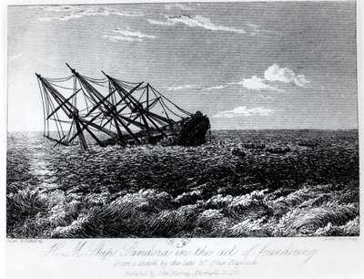 HM Pandora naufragando, de "A Historia Eventful da Munidade e Apreensão Piratica de HMS Bounty: sua causa e consequencias" por John Barrow, publicado por John Murray em 1835 de Robert Batty