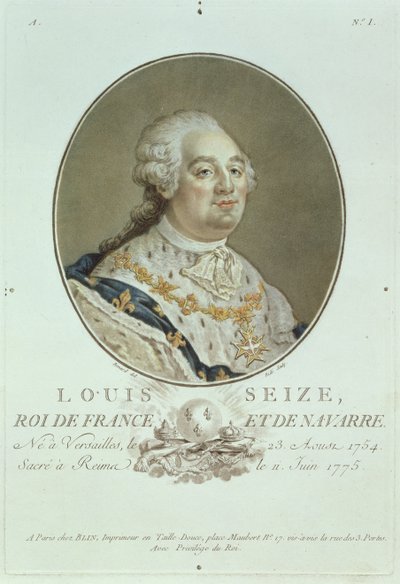 Retrato de Luís XVI (1754-93) de &39;Retratos de Grandes Homens Ilustres&39;, gravado por Ride (gravura colorida à mão) de Robert Benard