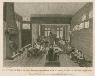 Uma visão interior da escola conectada com e sob uma parte do que antigamente era a casa de reunião de John Bunyan de Robert Blemell Schnebbelie