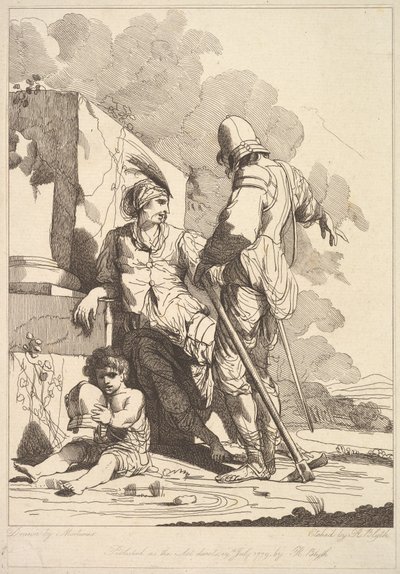 Dois soldados e criança segurando um capacete, 19 de julho de 1779. de Robert Blyth