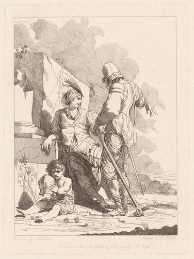 Dois soldados e criança segurando um capacete de Robert Blyth, after John Hamilton Mortimer