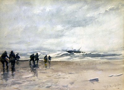 Pescadores Puxando em Barco de Pesca Desorientado (aguarela sobre papel) de Robert Buchan Nisbet